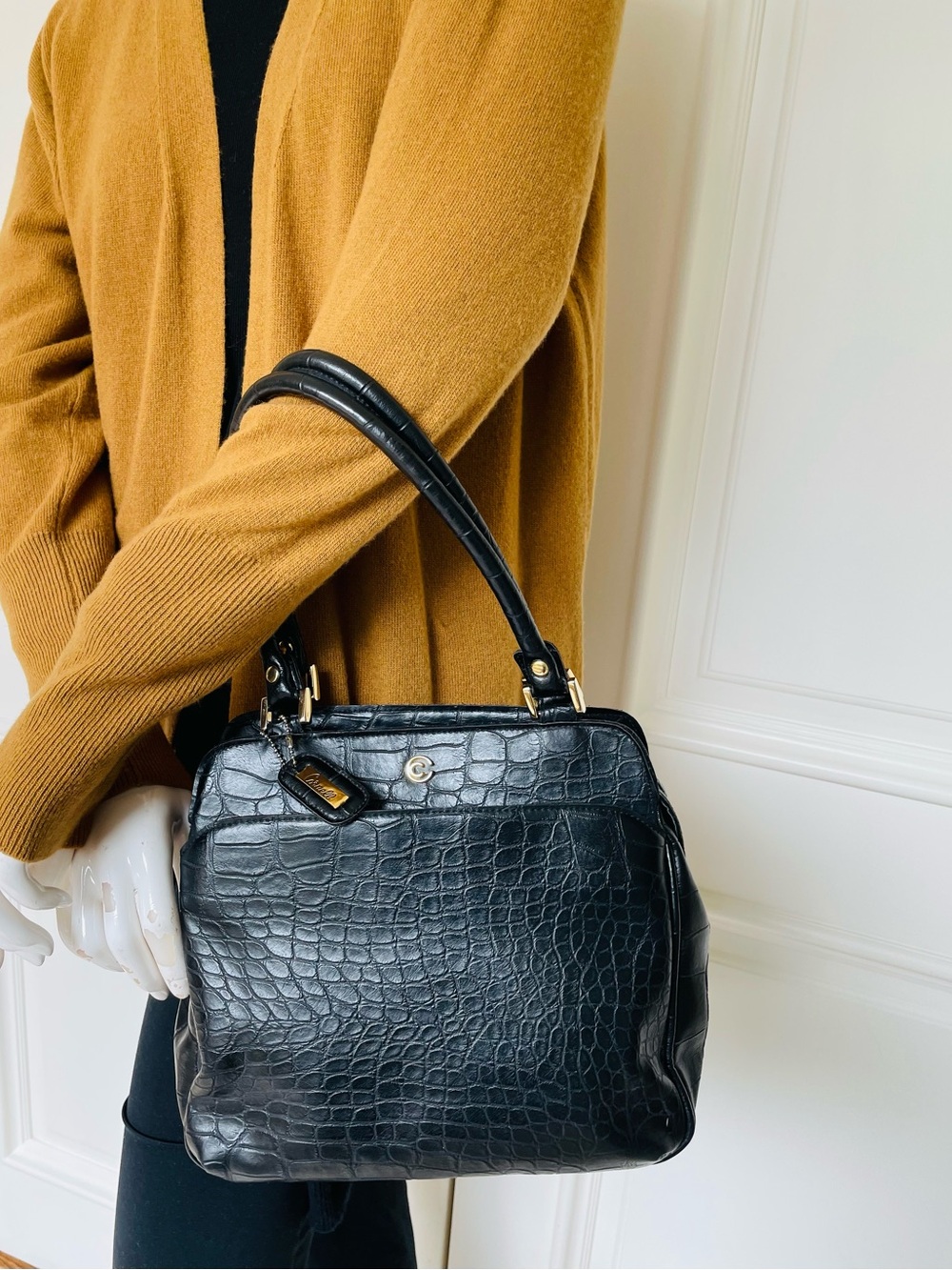 Vintage Cornell Black Croc Embossed Satchel Handbag | Gold Hardware